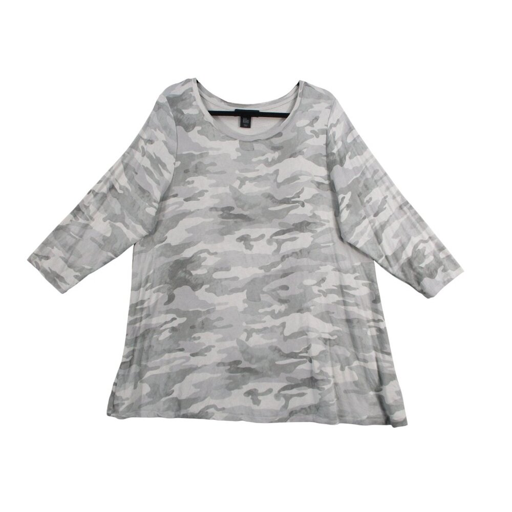 Camouflage Print Womens Tunic Top 2X By Tahari 3/4 Sleeves Gray/White Soft Stret